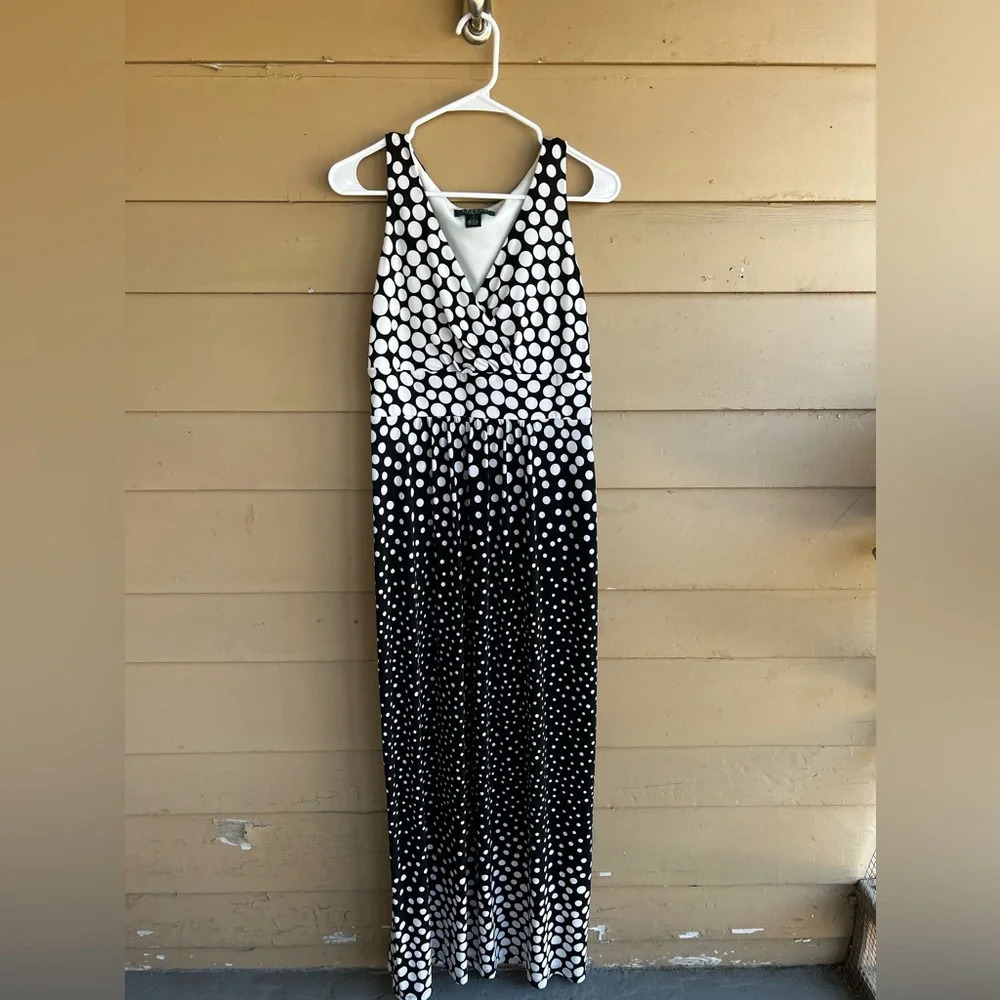 Lauren Ralph Lauren Maxi Dress Black and White Polka Dot Classic Preppy W Size 8